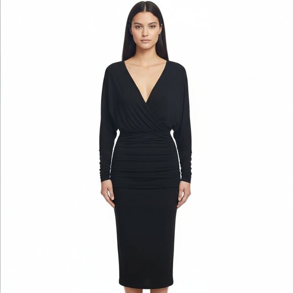 Marciano Elegant Black Ruching Cut-Out Dress - Batwing Sleeve, Bodycon Fit, XS - Picture 1 of 9